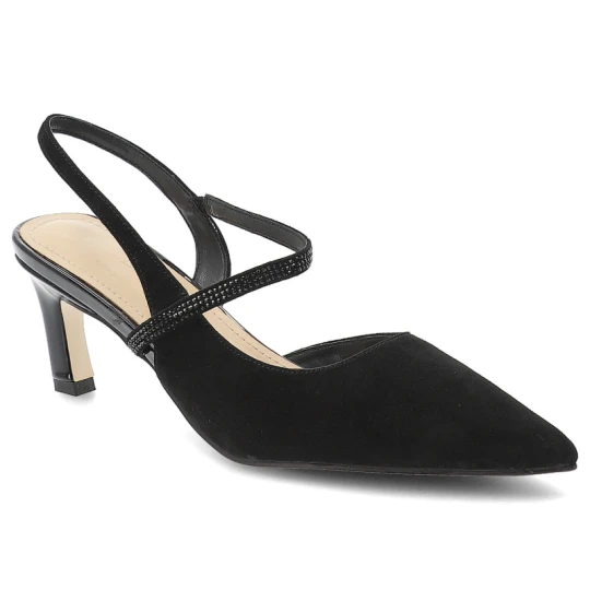 Zdjęcie produktu Czółenka damskie S.Barski, cholewka ze skóry naturalnej zamszowej elegancki fason slingback na stabilnym obcasie, czarne, CR61-3048