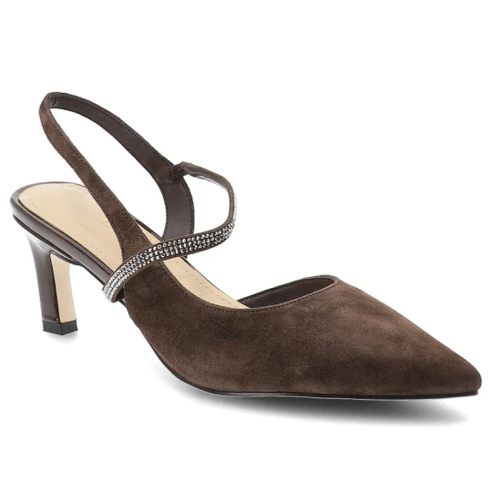 Zdjęcie produktu Czółenka damskie S.Barski, cholewka ze skóry naturalnej zamszowej elegancki fason smukły obcas klasyczny design, brązowe, CR61-3048