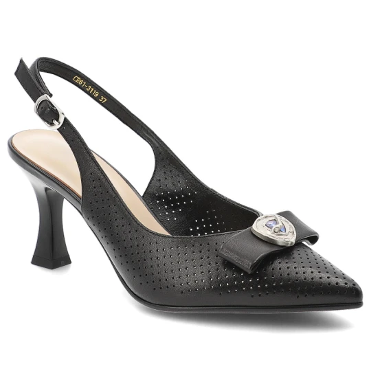 Zdjęcie produktu Czółenka damskie S.Barski, skóra naturalna ażurowa cholewka fason slingback regulowany pasek wysoki obcas ozdobna aplikacja, czarne, CR61-3119