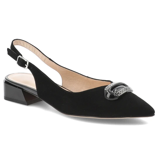 Zdjęcie produktu Czółenka damskie S.Barski, skóra naturalna fason slingback regulowany pasek stabilny niski obcas ozdobna klamra miękka skórzana wyściółka, czarne, CR