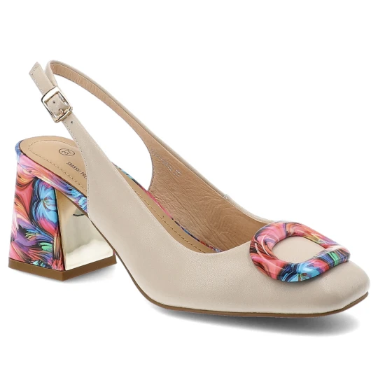 Zdjęcie produktu Czółenka damskie S.Barski, slingback ze skóry naturalnej z kolorowym obcasem i ozdobną klamrą z regulowanym paskiem, różowe, LZ61-2010