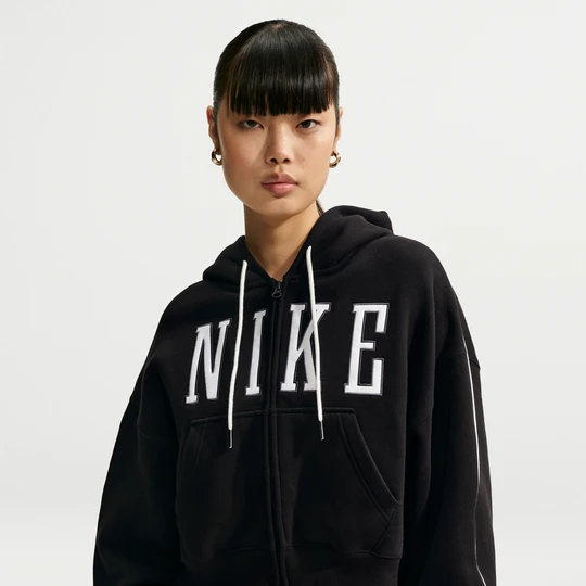 Zdjęcie produktu Damska bluza z kapturem o skróconym kroju oversize z zamkiem na całej długości Nike Studio Fleece Medium Weight - Czerń