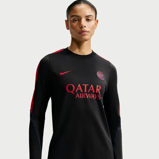 Zdjęcie produktu Damska dzianinowa koszulka piłkarska z półokrągłym dekoltem Nike Dri-FIT Paris Saint-Germain Strike - Czerń