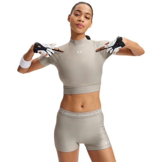 Zdjęcie produktu Damska koszulka treningowa Under Armour HeatGear Crop Mock SS - beżowa