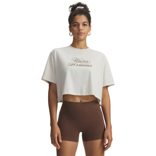 Zdjęcie produktu Damska koszulka z nadrukiem Under Armour UA W SCRIPTHEART CROP SS - biała