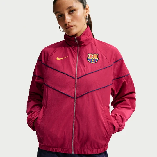 Zdjęcie produktu Damska kurtka z tkaniny z ochroną przed promieniowaniem UV Nike Football FC Barcelona Windrunner - Czerwony
