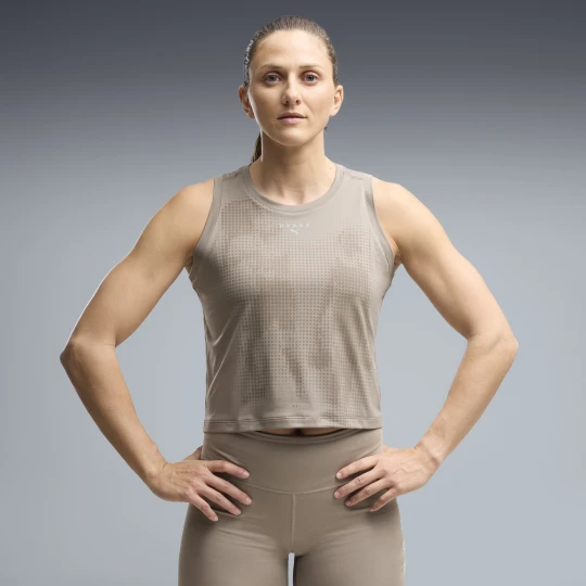 Zdjęcie produktu Damska skrÃ³cona koszulka na ramiÄ…czkach PUMA x HYROX CLOUDSPUN ThermoAdapt, OdzieÅ¼, BeÅ¼owy Mouse Gray