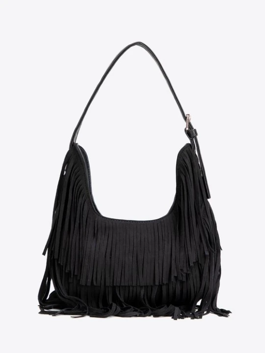 Zdjęcie produktu Damska torebka na ramię z frędzlami czarna Wittchen