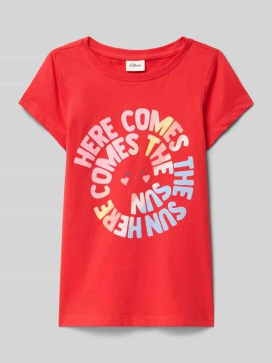 Zdjęcie produktu damski t-shirt o kroju regular fit z błyszczącym nadrukiem s.Oliver Koralowy