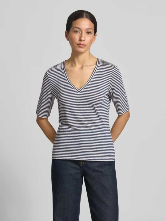 Zdjęcie produktu damski t-shirt o kroju regular fit z mieszanki lnu model 'OPZIONE' Weekend Max Mara Granatowy