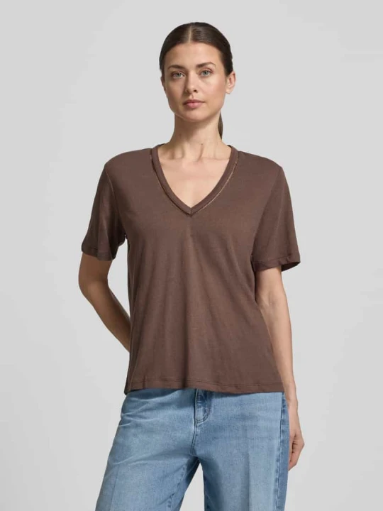 Zdjęcie produktu damski t-shirt o kroju regular fit z mieszanki lnu z dekoltem w serek Scotch & Soda Ciemnobrązowy