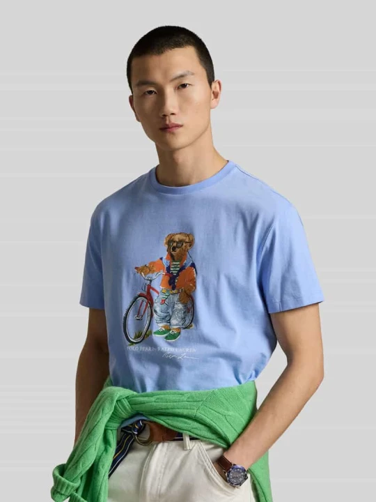 Zdjęcie produktu damski t-shirt o kroju slim fit z nadruk polo bear Polo Ralph Lauren Błękitny