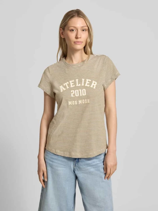 Zdjęcie produktu damski t-shirt o kroju regular fit z nadruk z logo model 'Camp' MOS MOSH Ciemnożółty