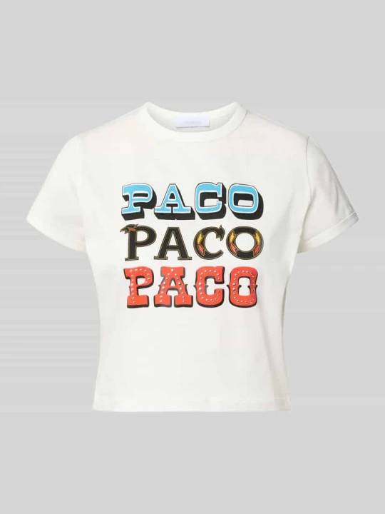 Zdjęcie produktu damski t-shirt o kroju regular fit z nadrukiem z napisem Paco Rabanne Biały
