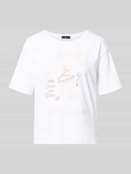 Zdjęcie produktu damski t-shirt o kroju regular fit z obszyciem ozdobnymi kamieniami model 'Ice Cream' Monari Złamany biały