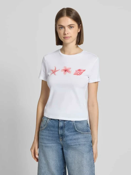 Zdjęcie produktu damski t-shirt w kroju regular fit z czystej bawełny ekologicznej model 'PRINCESS' Only Złamany biały