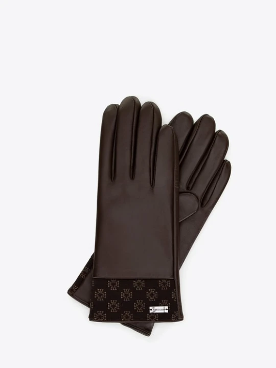 Zdjęcie produktu Damskie rękawiczki skórzane z monogramem na brzegu brązowe Wittchen