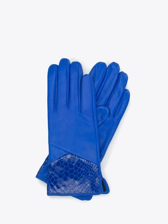 Zdjęcie produktu Damskie rękawiczki skórzane ze wstawką o fakturze egzotycznej skóry niebieskie Wittchen