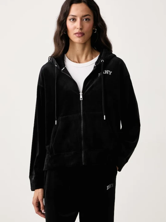 Zdjęcie produktu DKNY bluza rozpinana z kapturem damska welurowa czarny