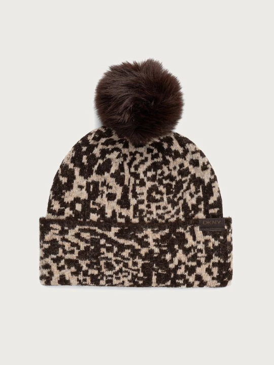 Zdjęcie produktu DKNY czapka z pomponem damska z dodatkiem wełny brązowy