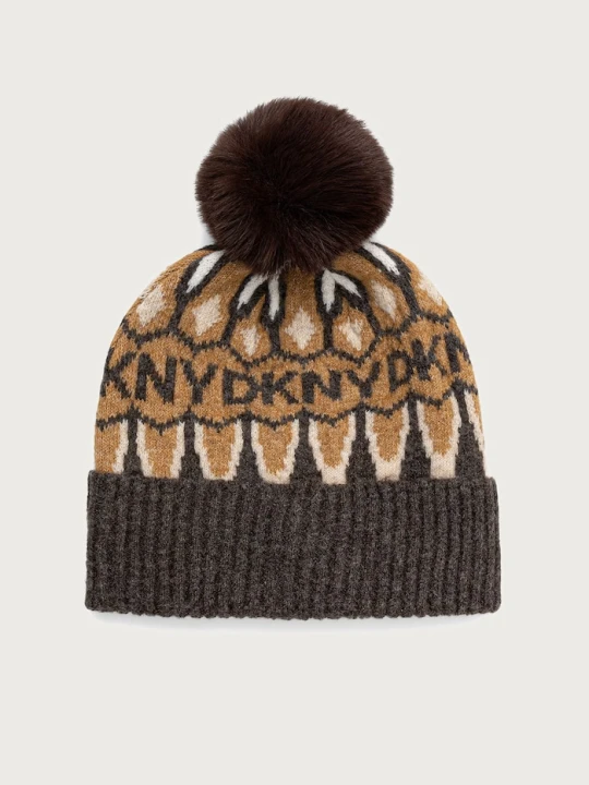 Zdjęcie produktu DKNY czapka z pomponem damska z dodatkiem wełny brązowy