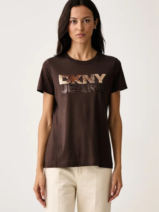Zdjęcie produktu DKNY T-shirt damski z bawełną brązowy
