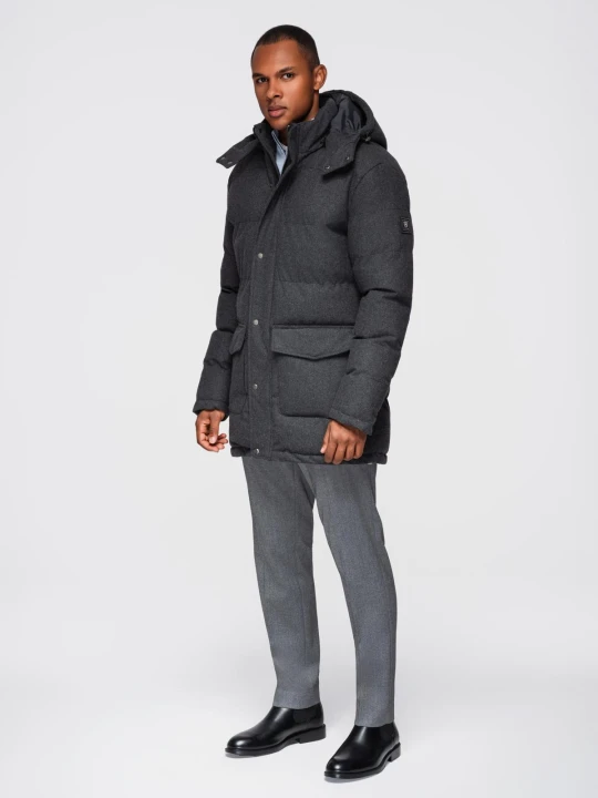 Zdjęcie produktu Długa ciepła kurtka męska typu parka z wełną – czarny melanż V2 - Rozmiar: XL Ombre Clothing