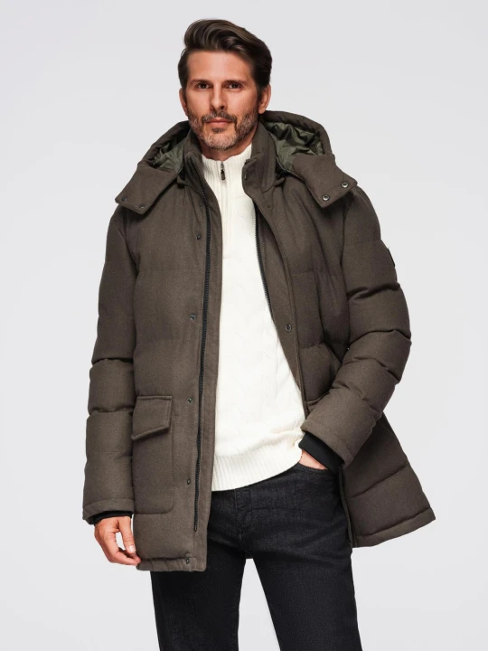 Zdjęcie produktu Długa ciepła męska kurtka typu parka z wełną – ciemnooliwkowy melanż V4 - Rozmiar: L Ombre Clothing