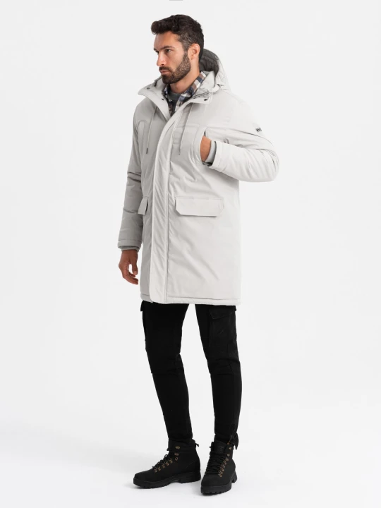 Zdjęcie produktu Długa klasyczna męska kurtka typu parka – kremowa V1 - Rozmiar: L Ombre Clothing kremowy