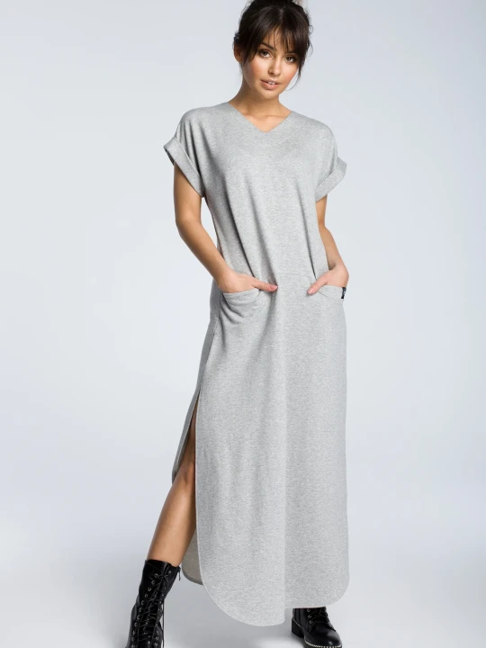 Zdjęcie produktu Długa komfortowa sukienka z rozcięciami na lato szara Be Wear
