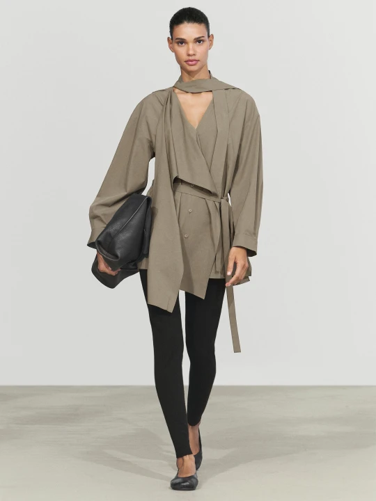 Zdjęcie produktu Długa Luźna Bluzka Z Bawełny I Paskiem - Szarawozielony - Massimo Dutti - Female