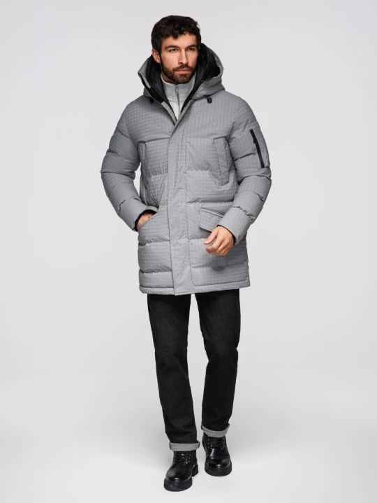 Zdjęcie produktu Długa męska kurtka parka ze strukturalnej tkaniny – szara V2 - Rozmiar: M Ombre Clothing