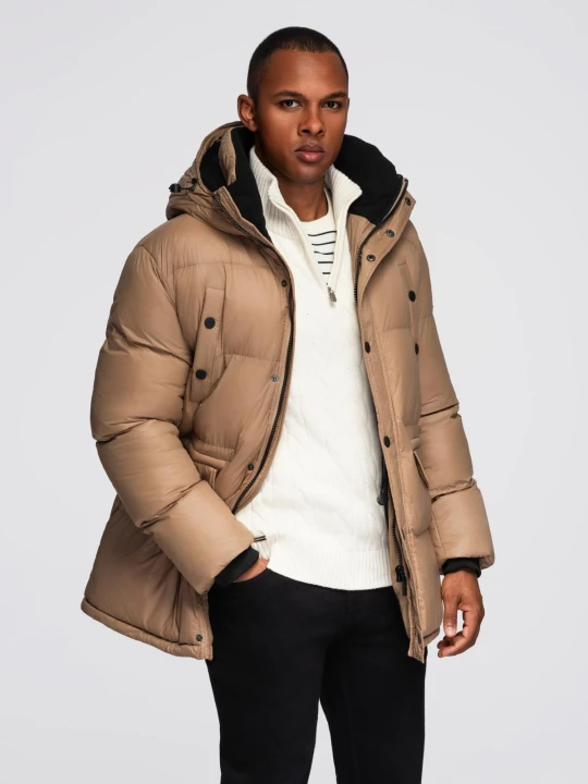 Zdjęcie produktu Długa męska kurtka puffer z zapinanymi kieszeniami – brązowa V2 - Rozmiar: S Ombre Clothing
