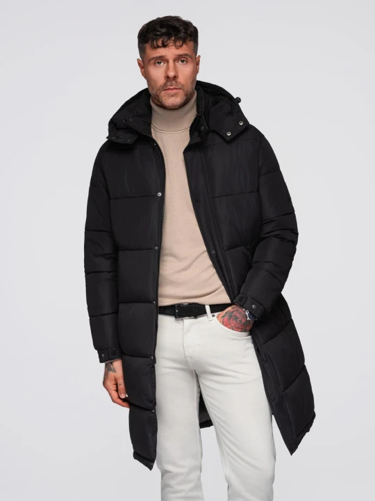 Zdjęcie produktu Długa męska kurtka zimowa pikowana z kapturem - czarna V1 - Rozmiar: S Ombre Clothing