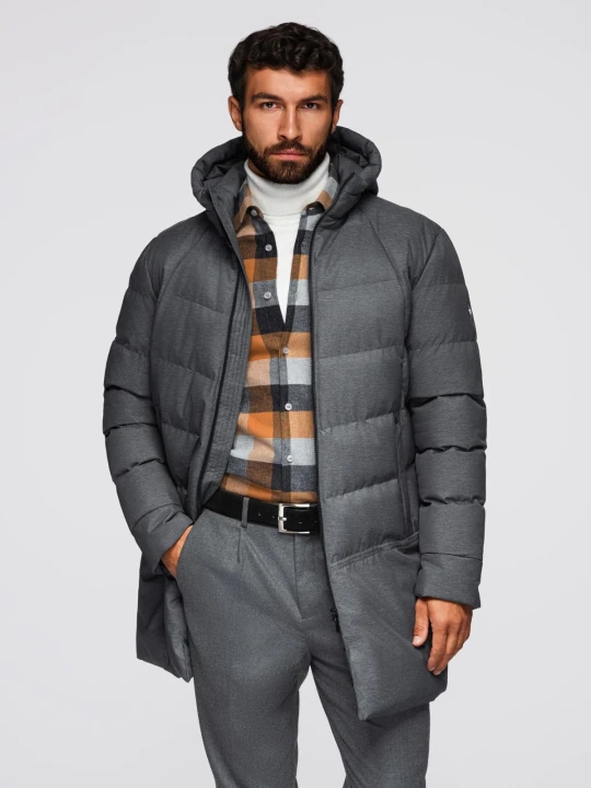 Zdjęcie produktu Długa męska pikowana kurtka z kapturem i wysoką stójką – szara V2 - Rozmiar: XXL Ombre Clothing
