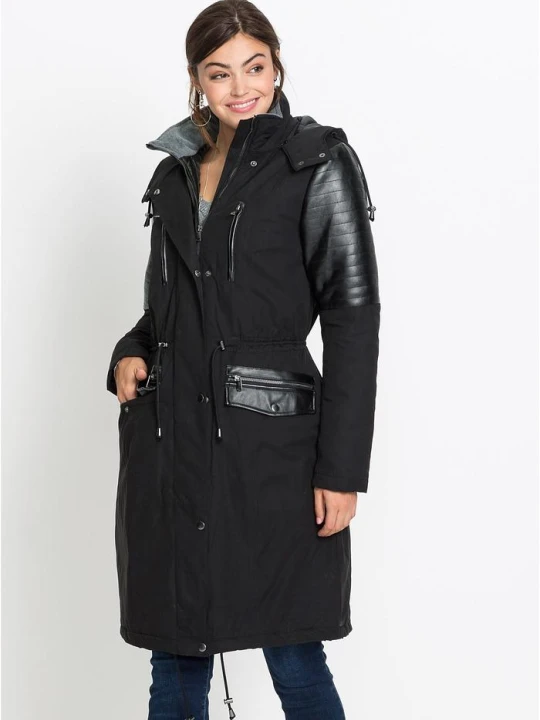 Zdjęcie produktu Długa parka z wstawkami ze sztucznej skóry BonPrix czarny