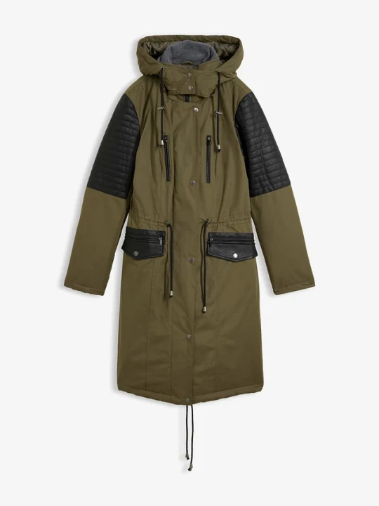 Zdjęcie produktu Długa parka z wstawkami ze sztucznej skóry BonPrix zielony