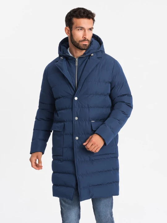 Zdjęcie produktu Długa pikowana kurtka męska z klapami i podpinką – ciemnoniebieska V1 - Rozmiar: L Ombre Clothing niebieski