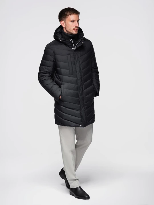 Zdjęcie produktu Długa pikowana kurtka męska z naturalnym wypełnieniem - czarna V1 - Rozmiar: M Ombre Clothing