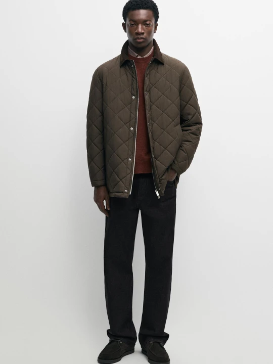 Zdjęcie produktu Długa Pikowana Kurtka Ze Sztruksowym Kołnierzem - Popielaty Brąz - Massimo Dutti - Male