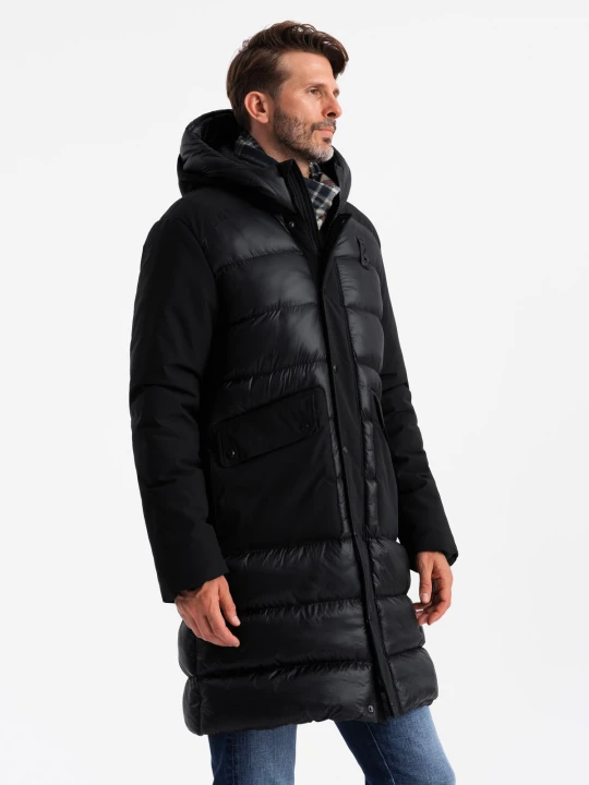 Zdjęcie produktu Długa pikowana męska kurtka z dużymi kieszeniami – czarna V1 - Rozmiar: S Ombre Clothing