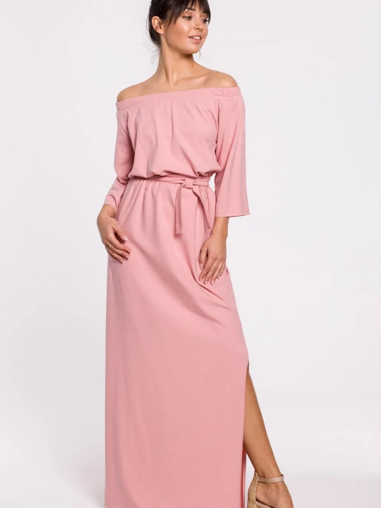 Zdjęcie produktu Długa sukienka hiszpanka na lato bawełna pudrowy róż Be Wear