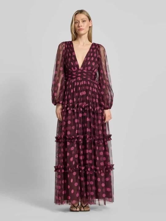 Zdjęcie produktu długa sukienka z głębokim dekoltem w serek Lace & Beads Jasnośliwkowy