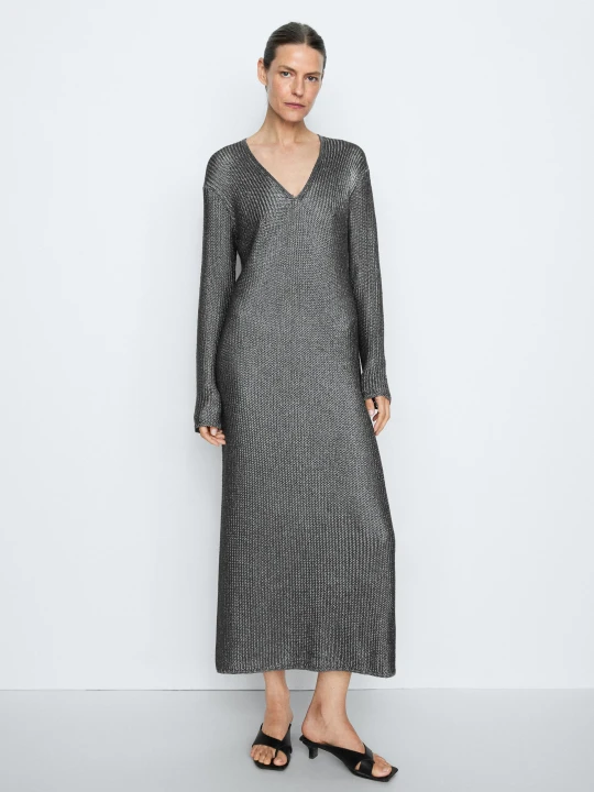 Zdjęcie produktu Długa Sukienka Z Metalicznej Dzianiny - Studio - Srebrny - - Massimo Dutti - Kobieta