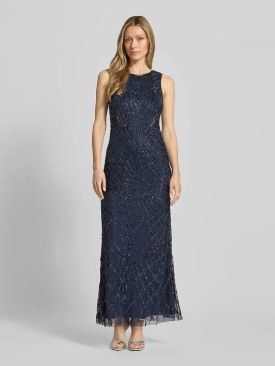 Zdjęcie produktu długa sukienka z perłami i okrągłym dekoltem Lace & Beads Granatowy