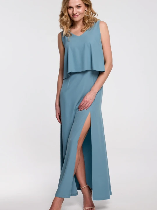 Zdjęcie produktu Długa zmysłowa sukienka z falbaną i rozcięciem niebieska Makover
