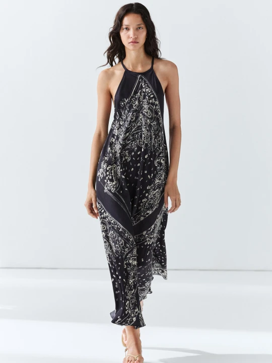 Zdjęcie produktu Długa Zwiewna Sukienka Z Dekoltem Halter I Wzorem Paisley - Niebieski - - Massimo Dutti - Kobieta