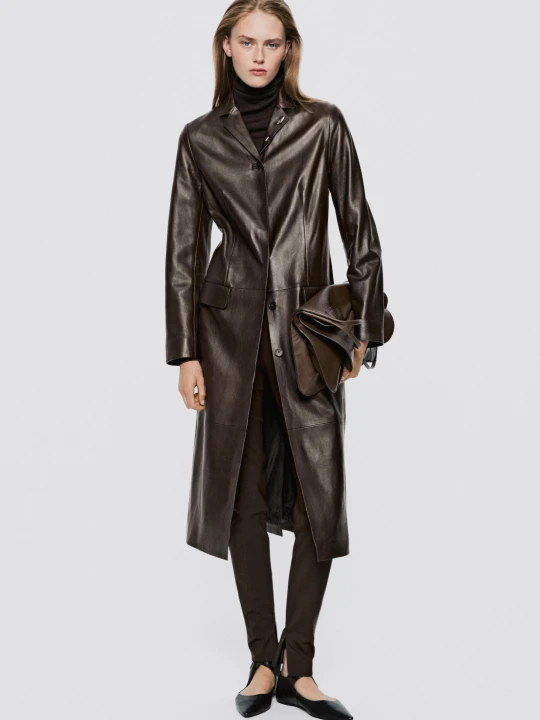 Zdjęcie produktu Długi Dopasowany Płaszcz Ze Skóry − Limited Edition - Brązowy - Massimo Dutti - Female