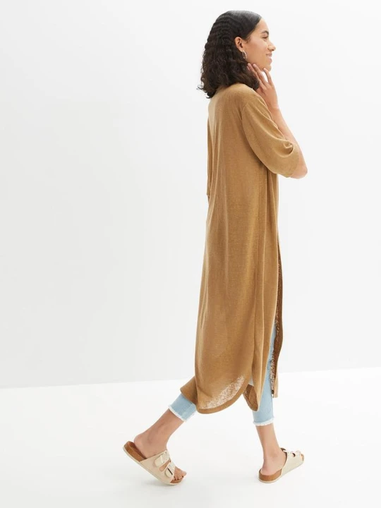Zdjęcie produktu Długi kardigan w optyce lnu BonPrix beżowy