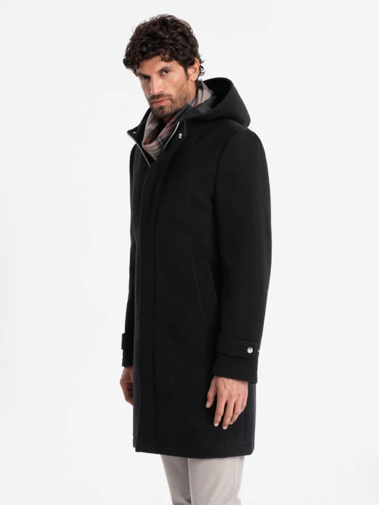 Zdjęcie produktu Długi monochromatyczny męski płaszcz z kapturem – czarny V3 - Rozmiar: XL Ombre Clothing